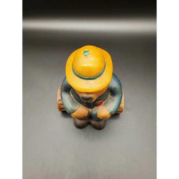 Honey Bear Beehive Dressed Sitting on Log Carved WOOD 8" Very NICE!!! Adorable! - Picture 5 of 12